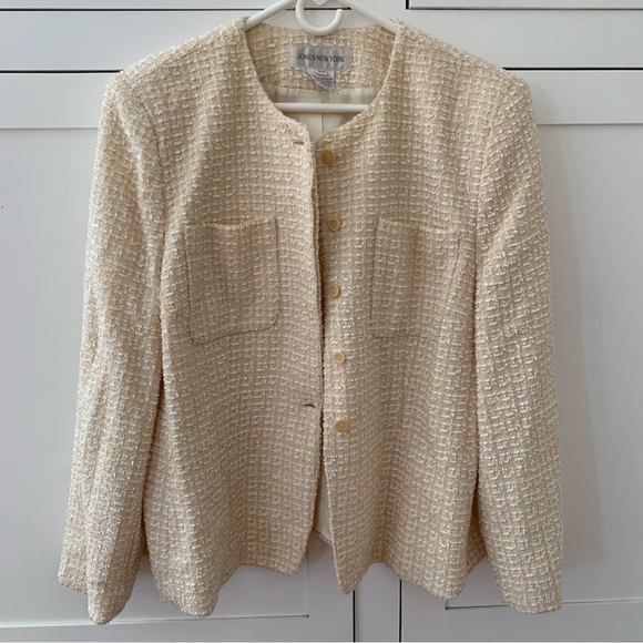 Vintage Jones New York Wool Blend Cream Tweed Pocket Padded Button Blazer 16 W - Picture 7 of 13